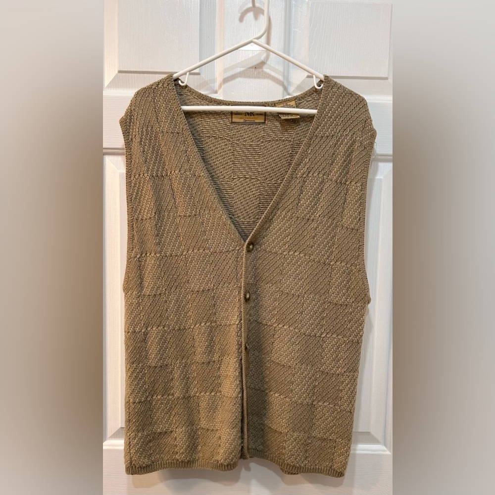 Men's Ramie Cotton‎ Sweater Vest Size L Vtg Textured Check Pattern Grandpa Retro